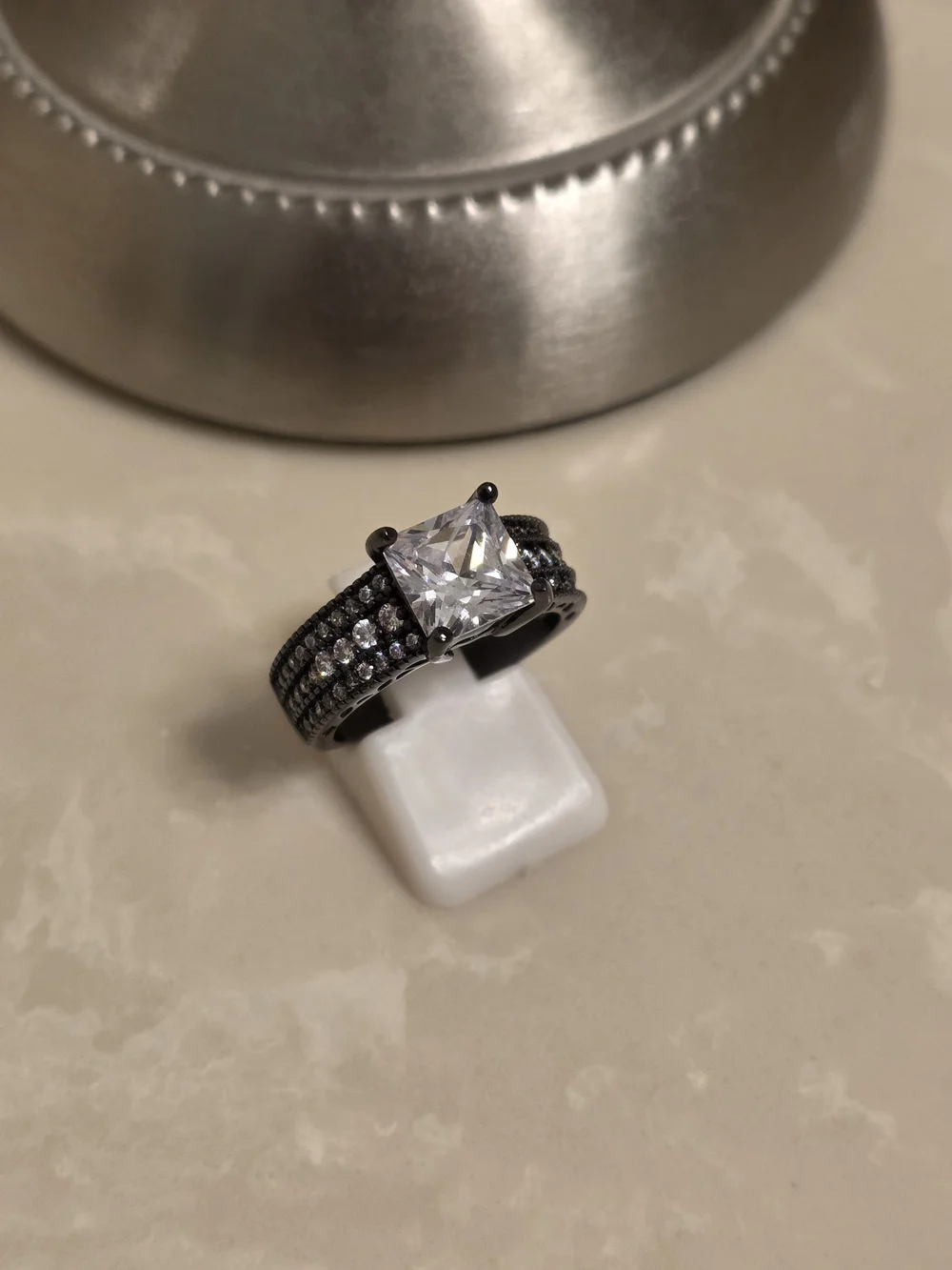 Black Crystal Solitaire Ring with Pavé Band